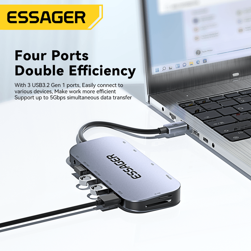 HUB Tipo C 11 en 1 Essager 4 USB LAN RJ45 Lector SD HDMI VGA