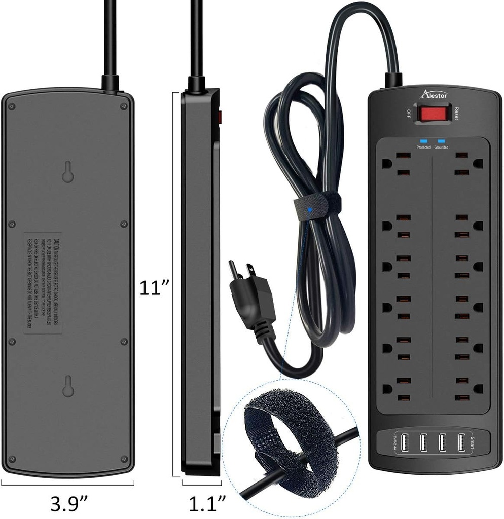 Regleta de 12 Tomas 4 puertos USB 1875W 15 Amp