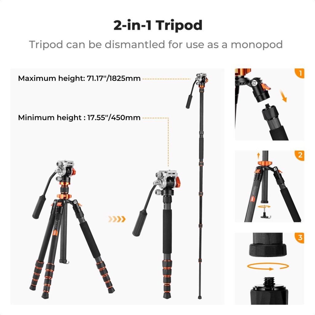 Tripode Monopie K&f Concept KF09.158 170cm Cabezal Fluido