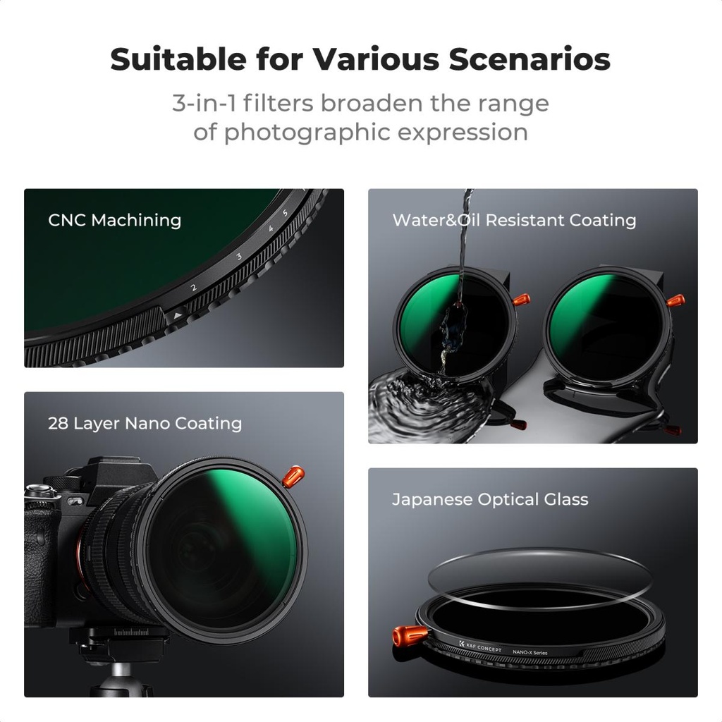 Filtro 3 en 1 Nd Variable CPL Black mist 1/4 K&f Concept Nd2-nd32 77 Mm