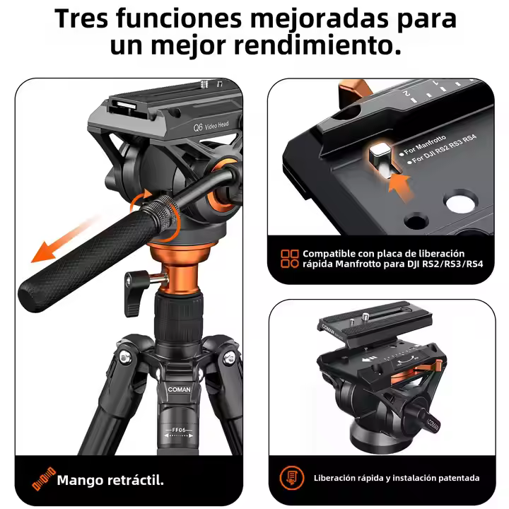Tripode Coman FF06S Cabezal Fluido Q6 Video Foto 179 Cm