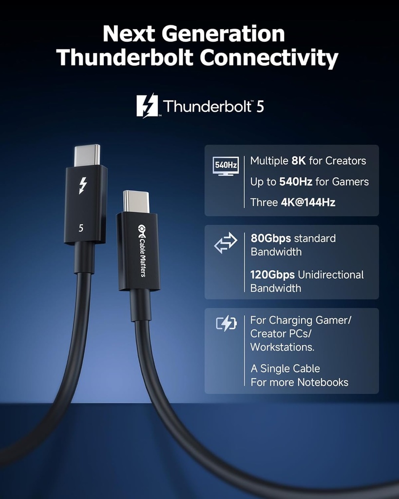 Cable USB C Thunderbolt 5 Certified Intel 1mt 80Gbps hasta 120Gbps 240W