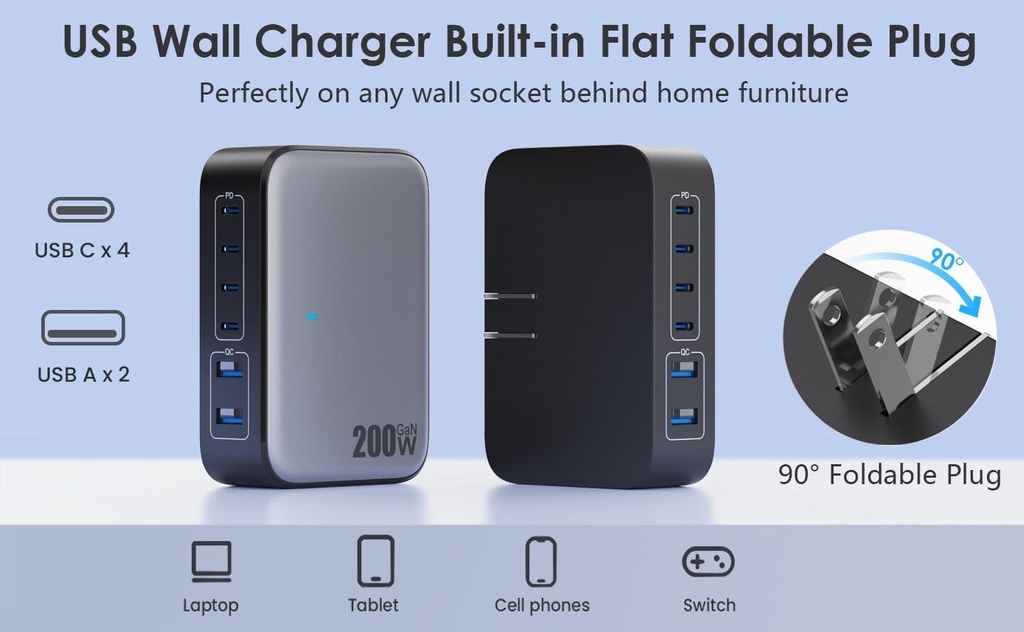 Estacion de Carga GAN VI USB 200W 4 Tipo C 2 USB A de Pared