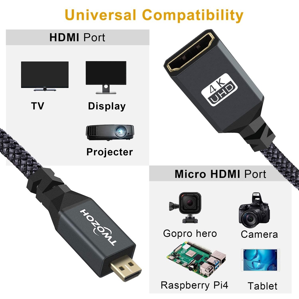 Cable Micro HDMI Macho a Hembra HDMI 4k 60Hz Twozoh 28 cm