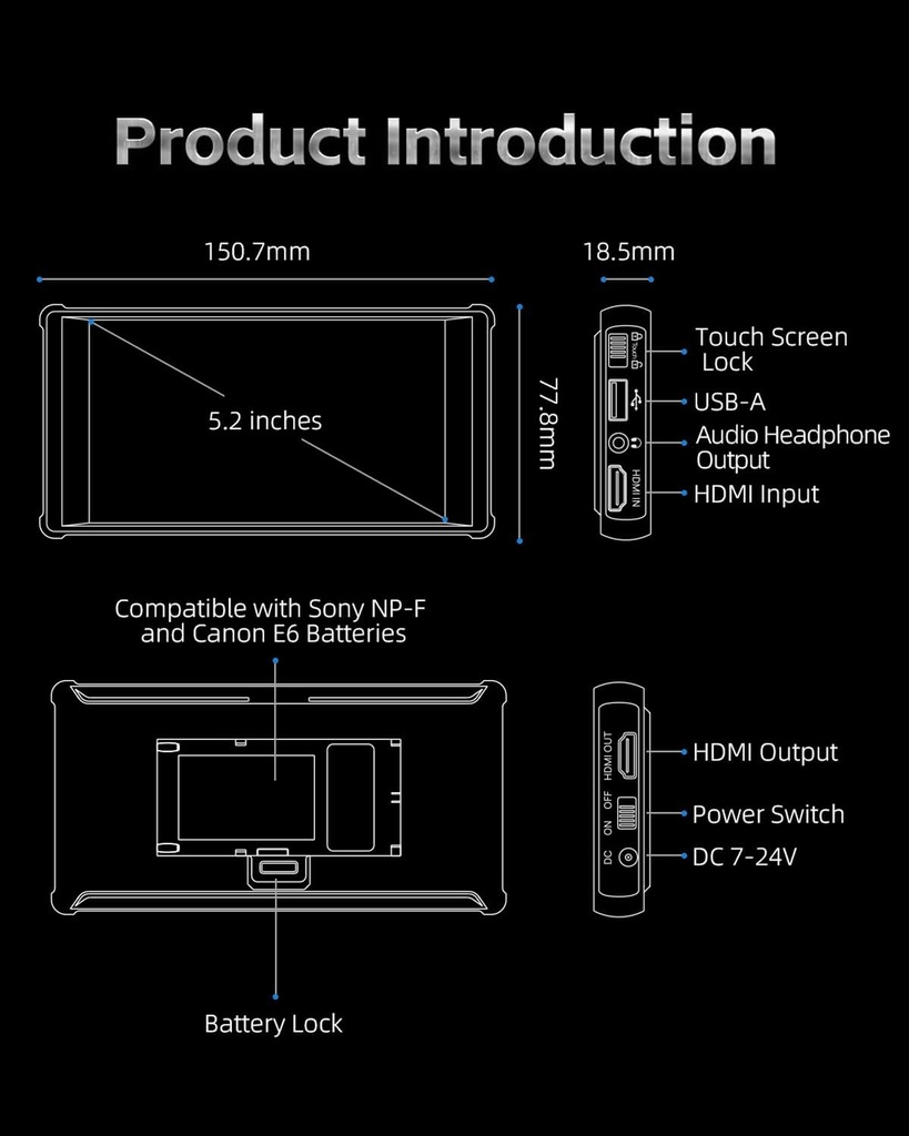 Monitor de Campo Portkeys PT6 5,2 Pulg 4K 600nit Touchscreen