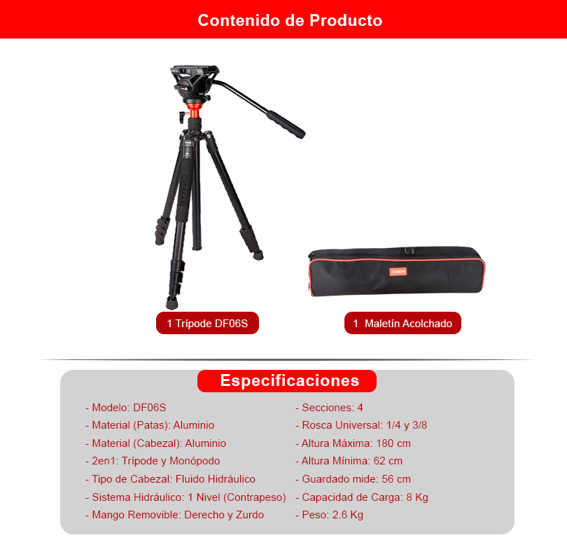 Tripode Coman DF06 Cabezal Fluido Q5S Video Foto 179 Cm