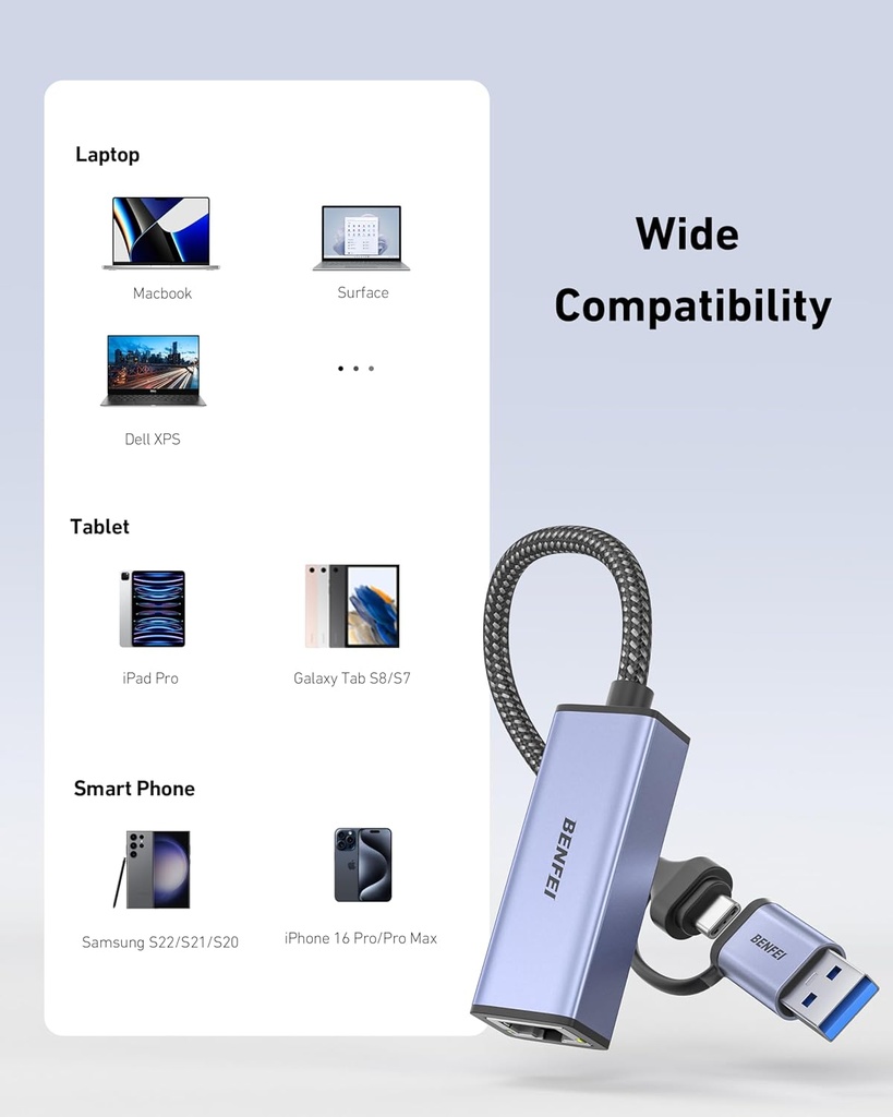 Adaptador USB C USB A a RJ45 Gigabit LAN (1000Mbps) Network Adapter Benfei