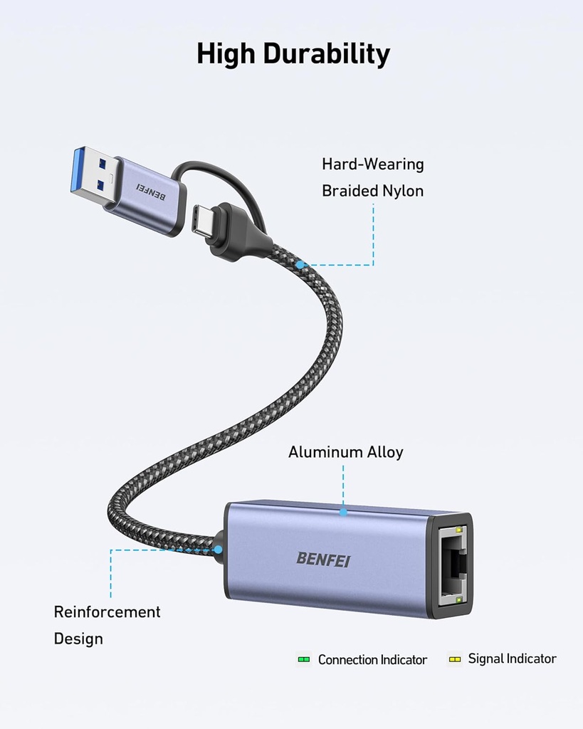 Adaptador USB C USB A a RJ45 Gigabit LAN (1000Mbps) Network Adapter Benfei