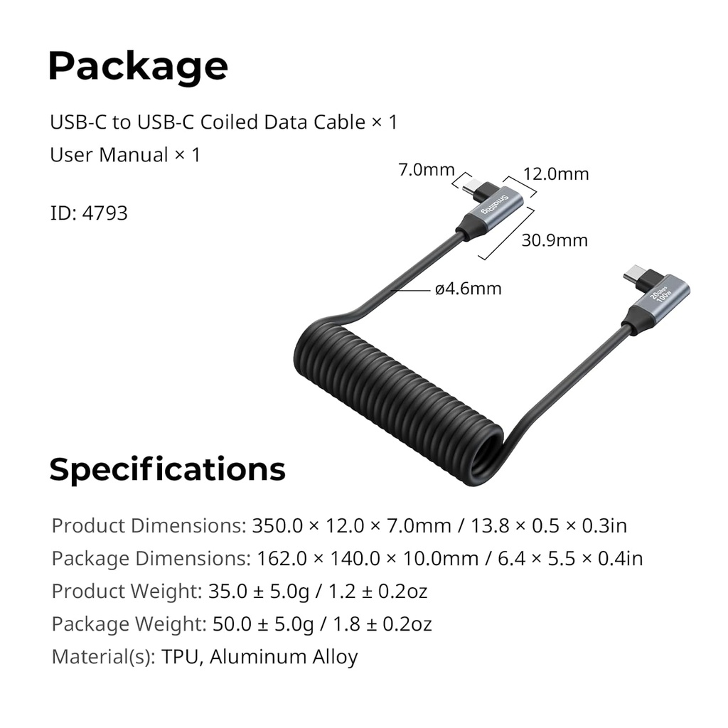 Cable Smallrig USB C Macho Macho Trenzado USB 3.2 Gen 2x2 100W 20Gbps 90 Grados 1 mts