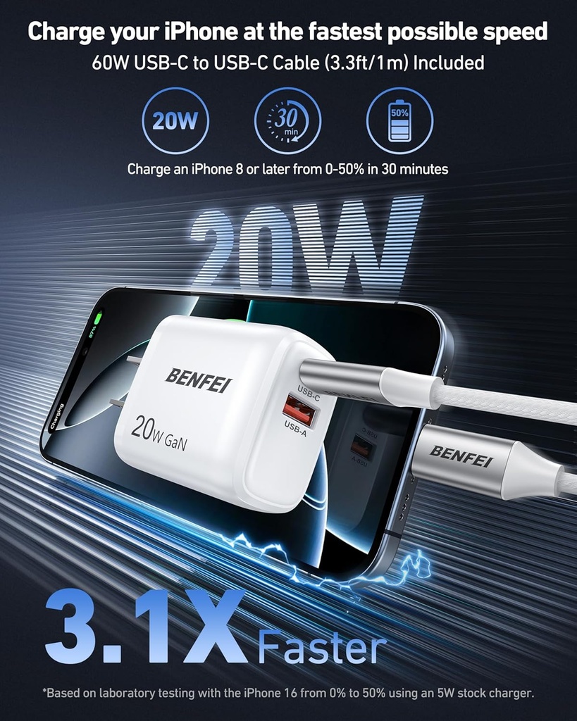Cargador Rapido Benfei Usb-c Pd 20w GAN incluye cable USB C 1,5 Mts 