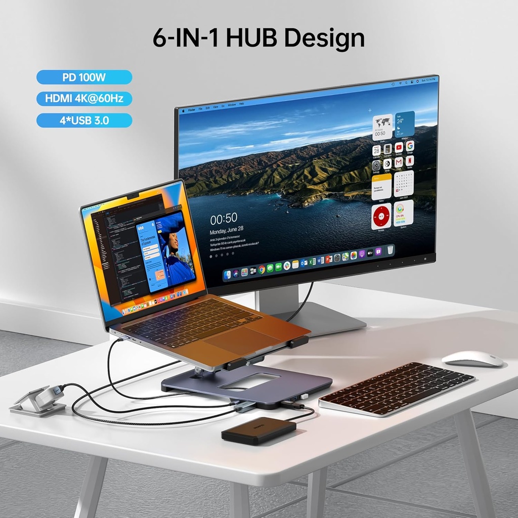 Stand Laptop Benfei 6 en 1 Docking Station HDMI 4K@60Hz 4*USB3.0 100W PD 