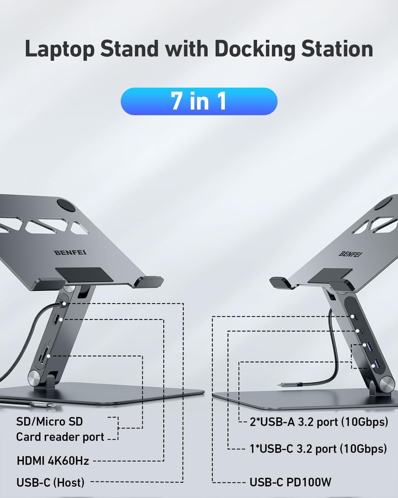Stand Laptop Benfei 7 en 1 Docking Station HDMI 4K@60Hz SD Micro SD,100W Power Delivery,10Gbps USB C 3.2 and 2xUSB A 3.2 