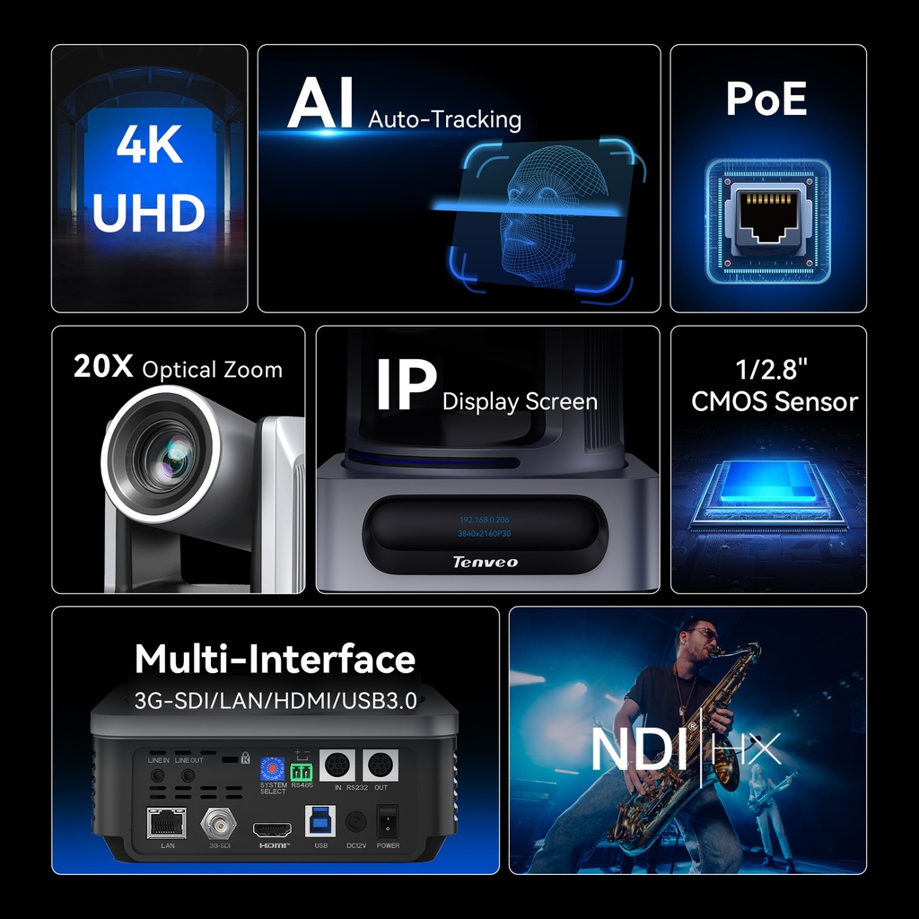 Camara PTZ 4K NDI 20X Tenveo VX20M HDMI IP USB 3.0 Poe AI Tracking