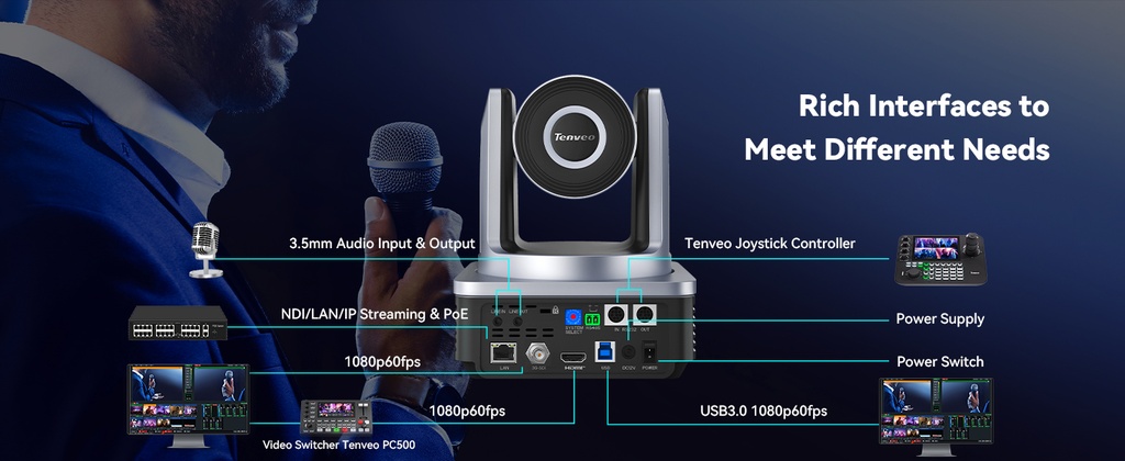 Camara PTZ 4K NDI 20X Tenveo VX20M HDMI IP USB 3.0 Poe AI Tracking