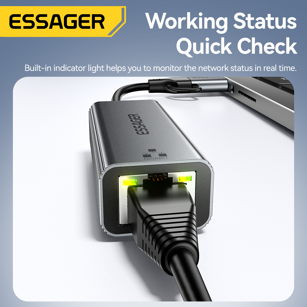 Adaptador Ethernet Essager Dual USB-A y Tipo-C a RJ45 Gigabit 1000Mbps