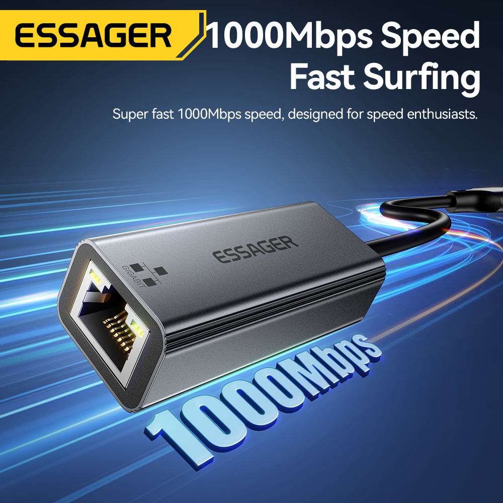 Adaptador Ethernet Essager Dual USB-A y Tipo-C a RJ45 Gigabit 1000Mbps