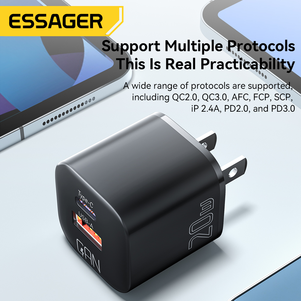 ESSAGER Camber 20W GaN travel Phone Charger A+C us plug