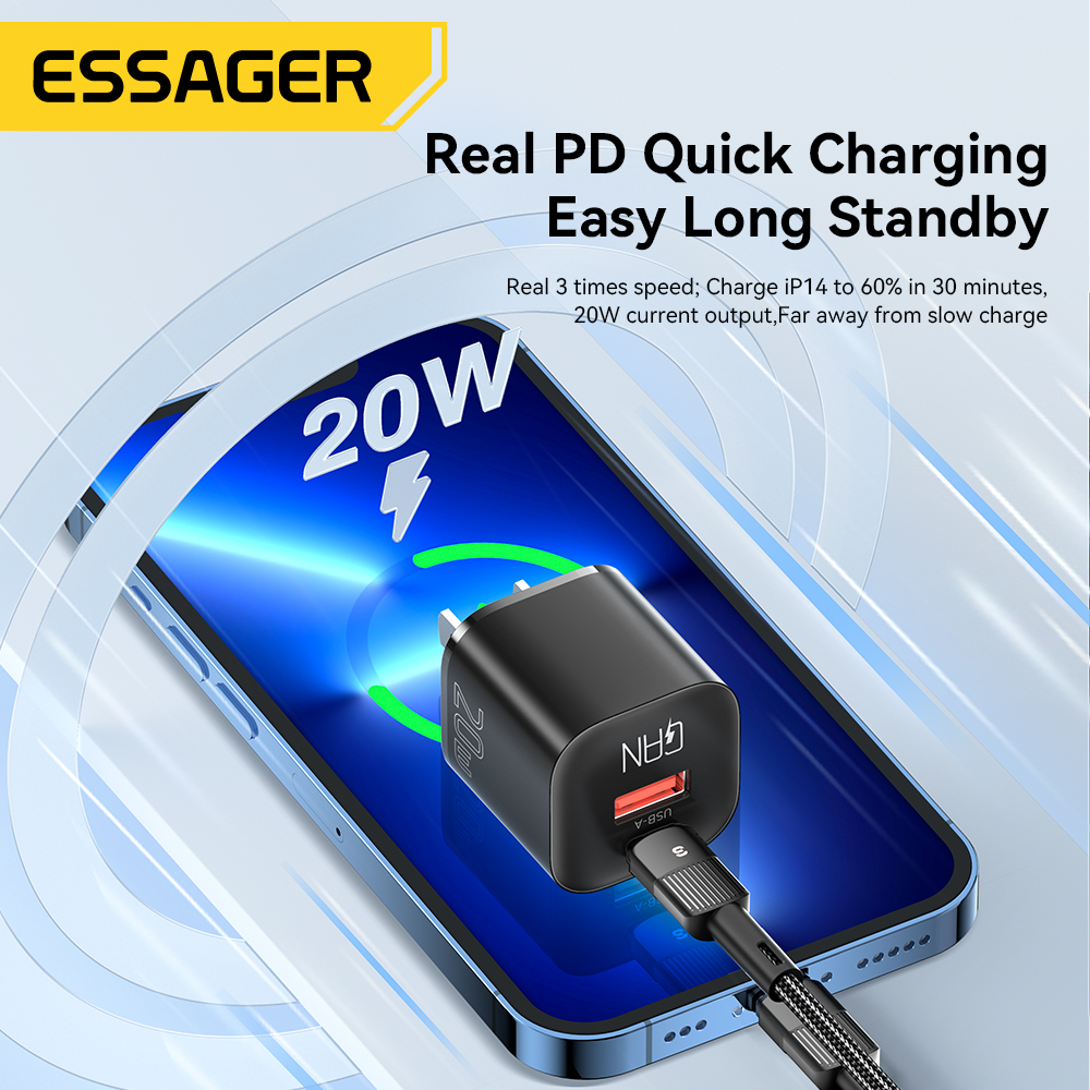 ESSAGER Camber 20W GaN travel Phone Charger A+C us plug