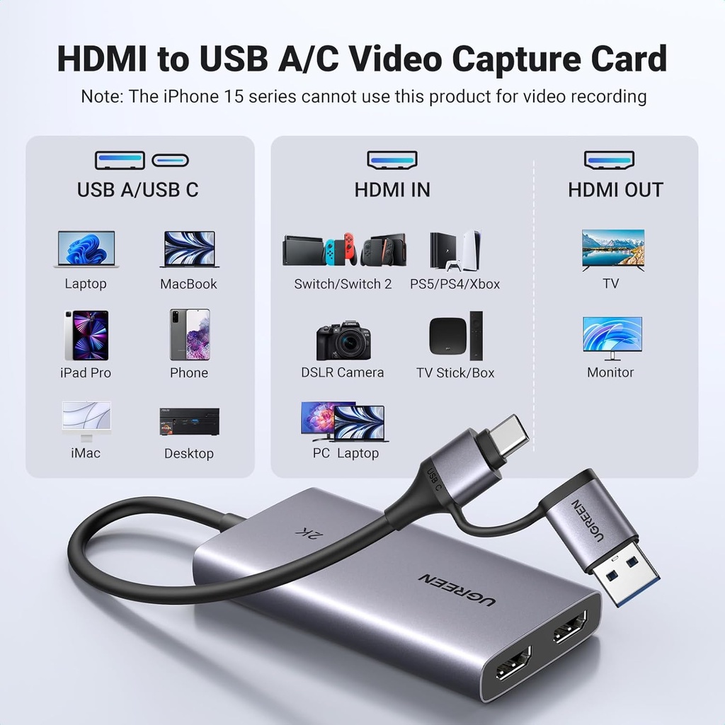 Capturadora de video UGREEN 2K HDMI a USB 3.0 HDMI Loop Out Video