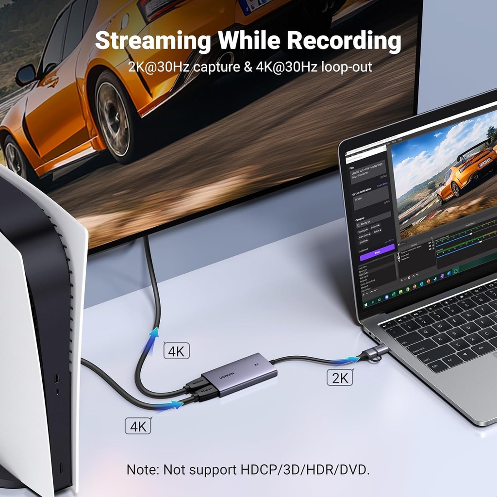 Capturadora de video UGREEN 2K HDMI a USB 3.0 HDMI Loop Out Video