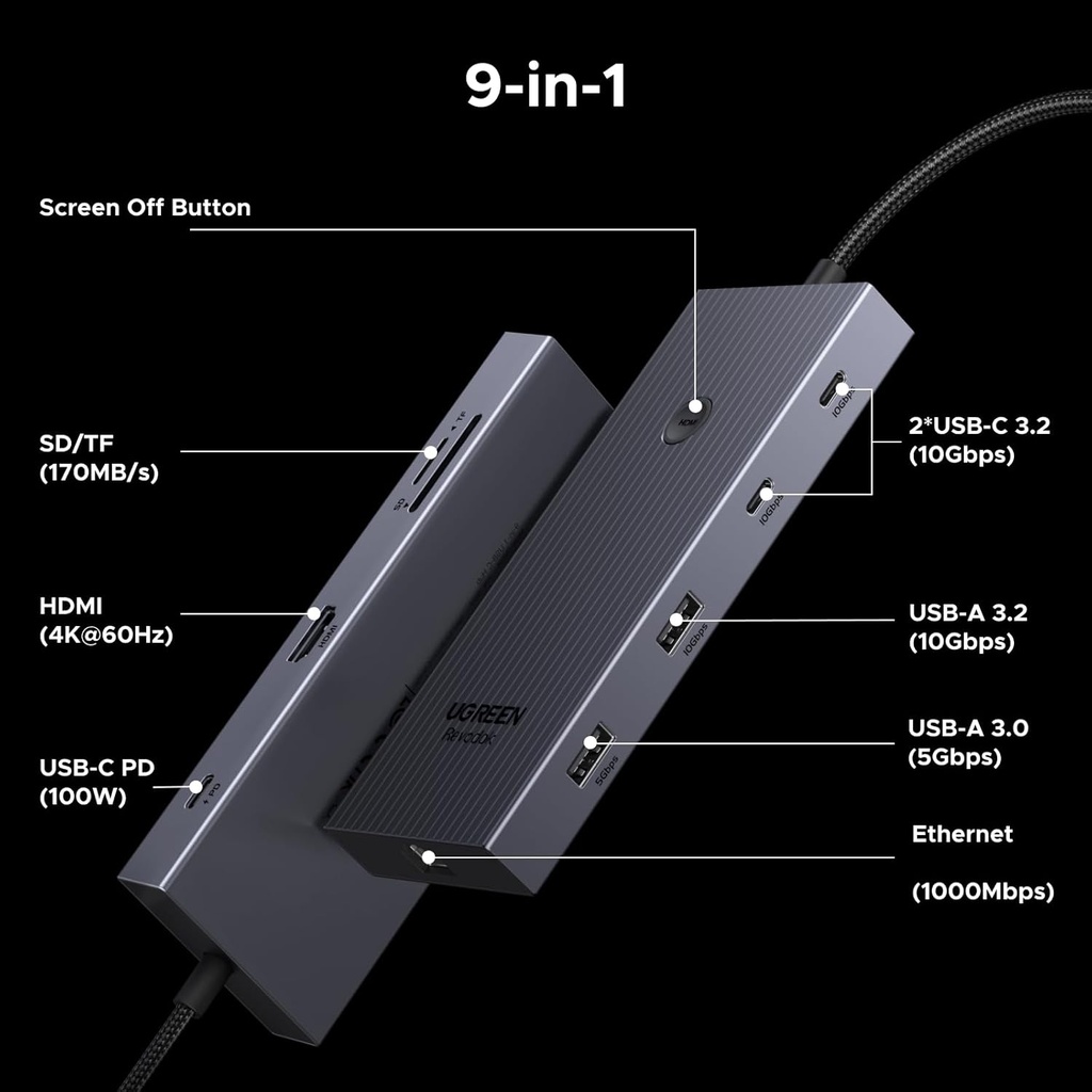  Hub Tipo C 9 En 1 Ugreen Revodok Ethernet HDMI 4K 100W PD Charging SD TF