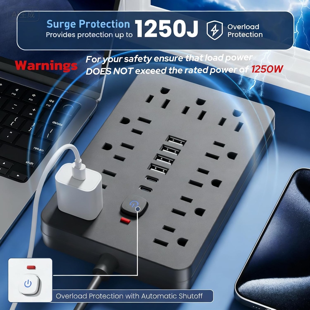 Regleta de 11 Tomas AC + 6 puertos USB 1250 Watts