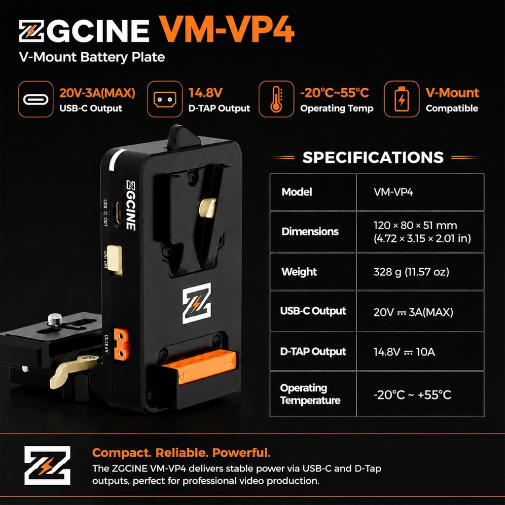 Plato Bateria Vmount ZGCINE VM-VP4 D-Tap & USB-C PD liberacion rapida Arca-Swiss