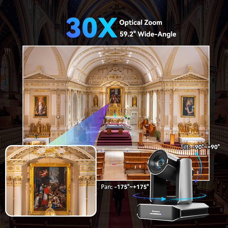 Camara PTZ 4K 60fps NDI HX3 30X Tenveo X60 HDMI IP USB 3.0 Poe AI Tracking