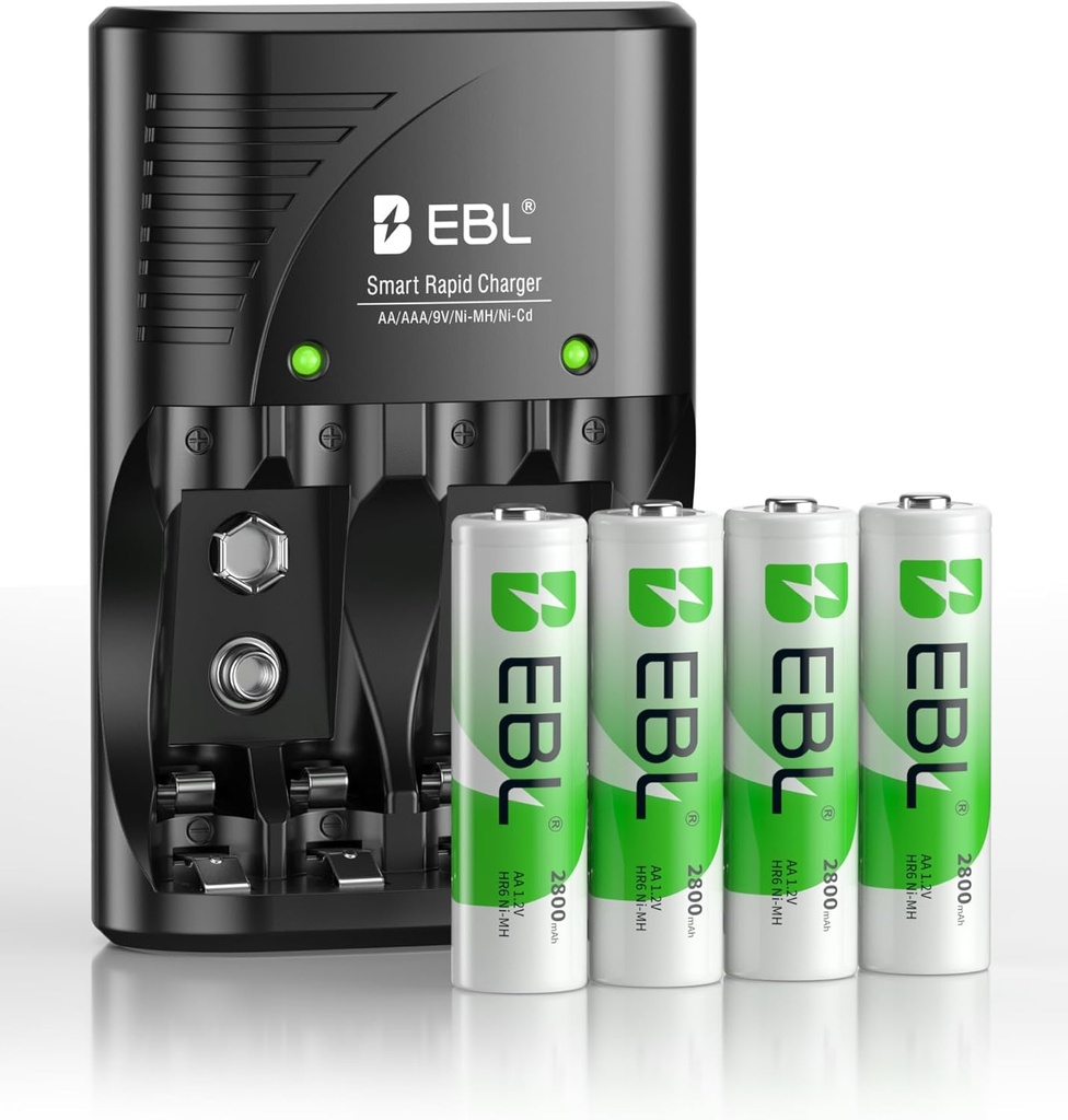 Cargador Baterias AA y AAA 9V Ni-MH Ni-CD + 4 Baterias AA 2800 Mah EBL