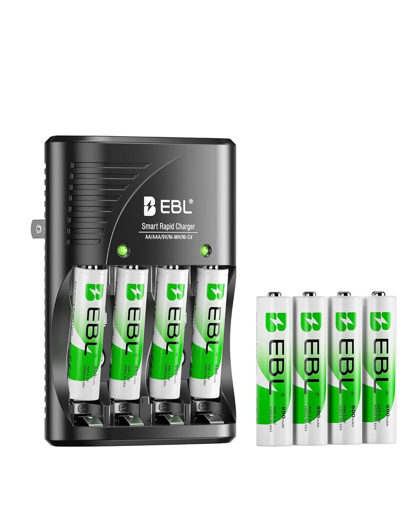 Cargador Baterias AA y AAA 9V Ni-MH Ni-CD + 8 AAA 800 mAh EBL