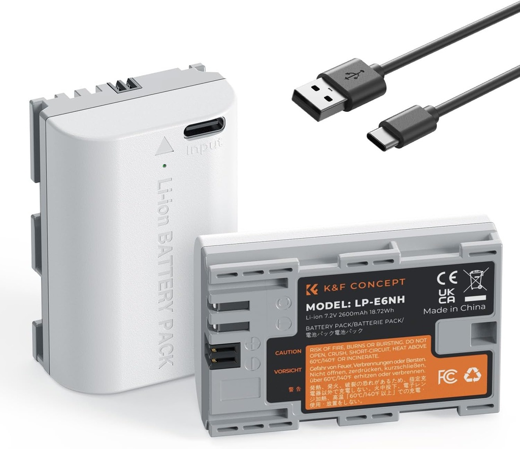  Bateria K&F CONCEPT 2600mAh LP-E6NH Para Canon EOS R R5 R6 R7 5D 6D 7D Mark II III IV, 90D 80D 70D