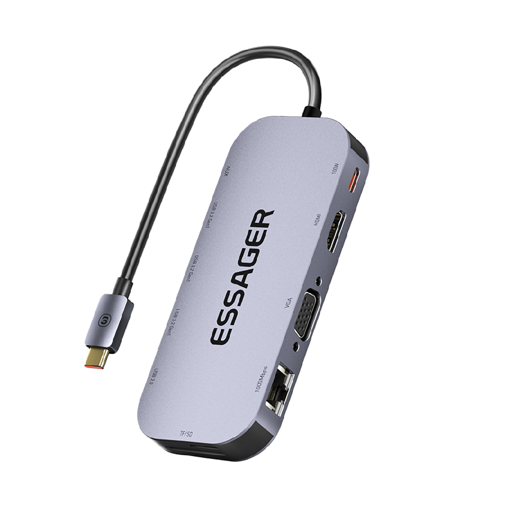 HUB Tipo C 11 en 1 Essager 4 USB LAN RJ45 Lector SD HDMI VGA