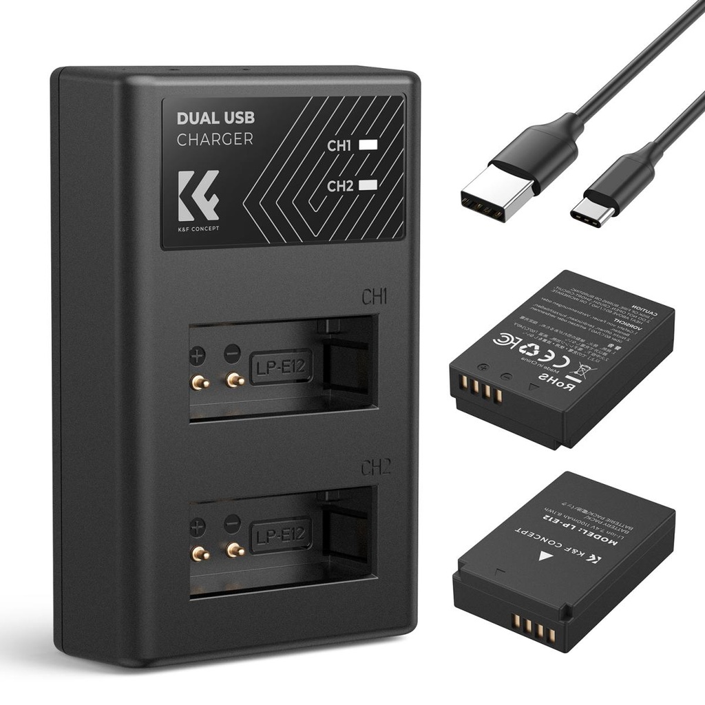 Cargador dual + 2 bateria KF Concept Canon LP-e12 1100mAh