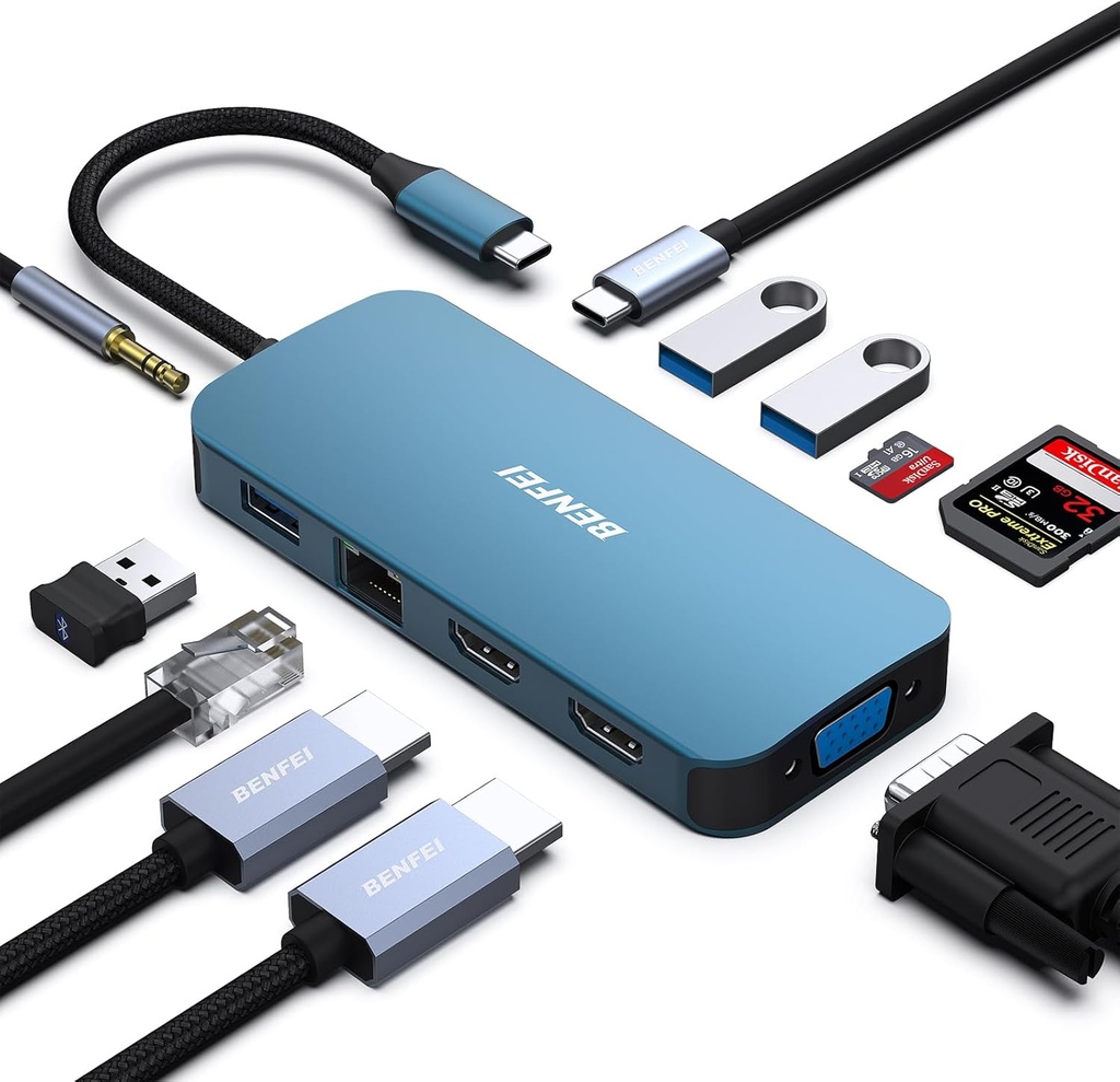 HUB Tipo C 11 en 1 Benfei 4 USB LAN RJ45 Lector SD HDMI VGA